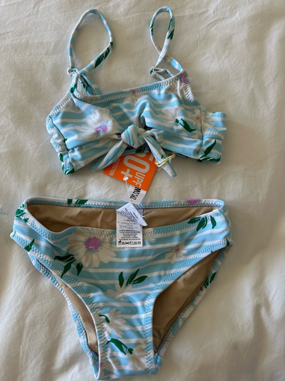Girls Light Blue Floral Stripe Bikini Set - Brand: